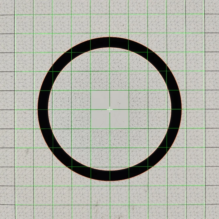 Calibrated steel reference ring OTCR-333 on an Olypsys Pro Grid showing green solved grid lines and fitted inner and outer contours