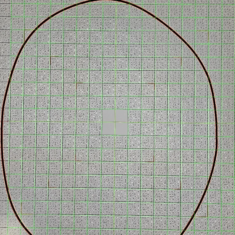 36-inch (912.76 mm ID) flexible O-ring resting in an oval on a 1,500 mm Olypsys calibration grid with green solved grid lines and full-perimeter contour trace