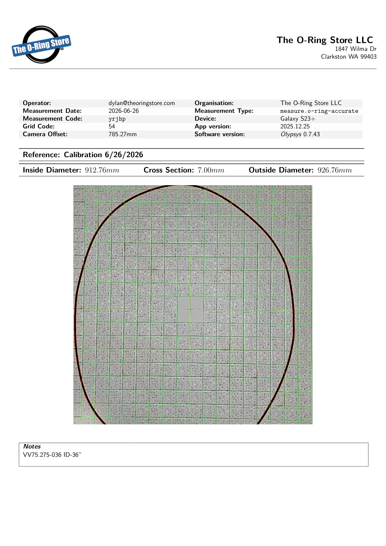 Exported Olypsys PDF inspection report for a 912.76 mm ID large O-ring at The O-Ring Store LLC