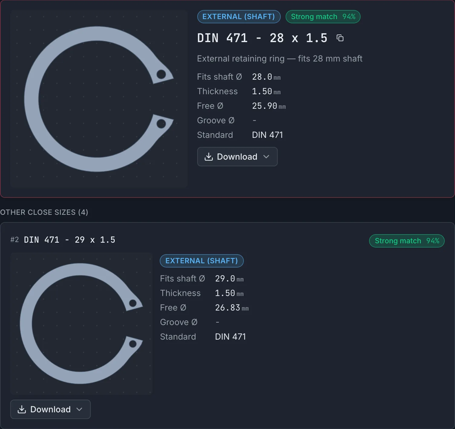 Circlip identified as DIN 471 - 28 x 1.5 with measured free diameter, gap opening, and band width