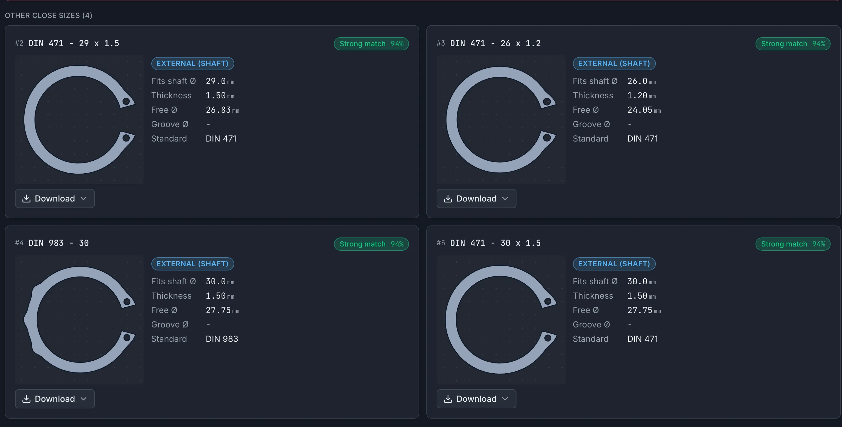 Ranked list of close circlip sizes with parametric diagrams and match scores