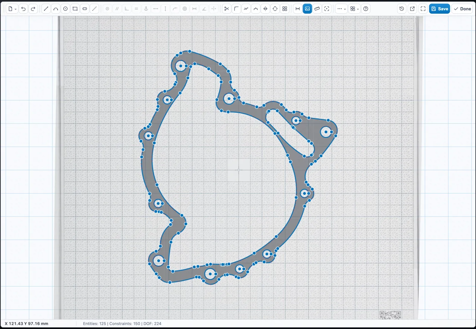 The 2d-ed parametric editor with the gasket drawing over the original photo as an underlay