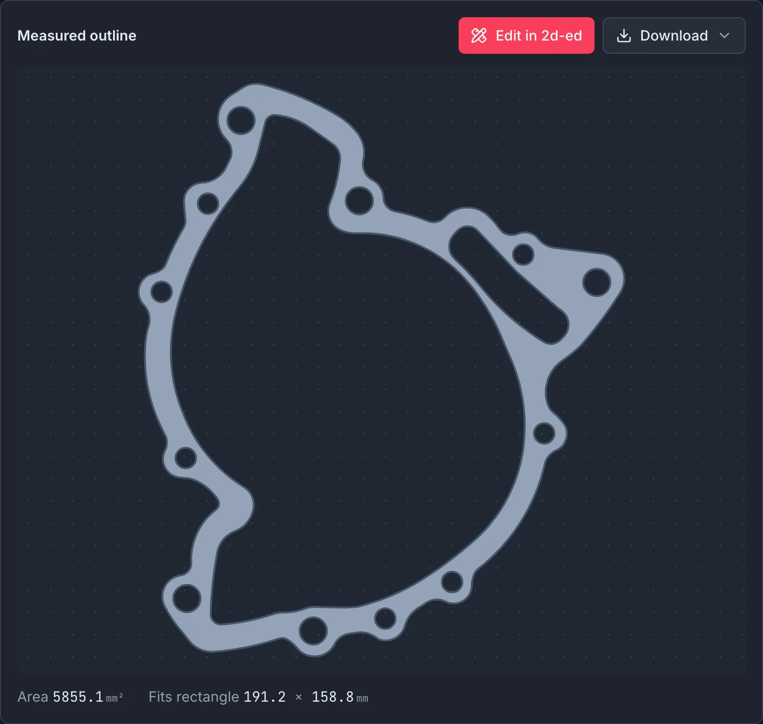 The measured gasket outline in the Olypsys Vault: clean arcs, lines, and bolt holes