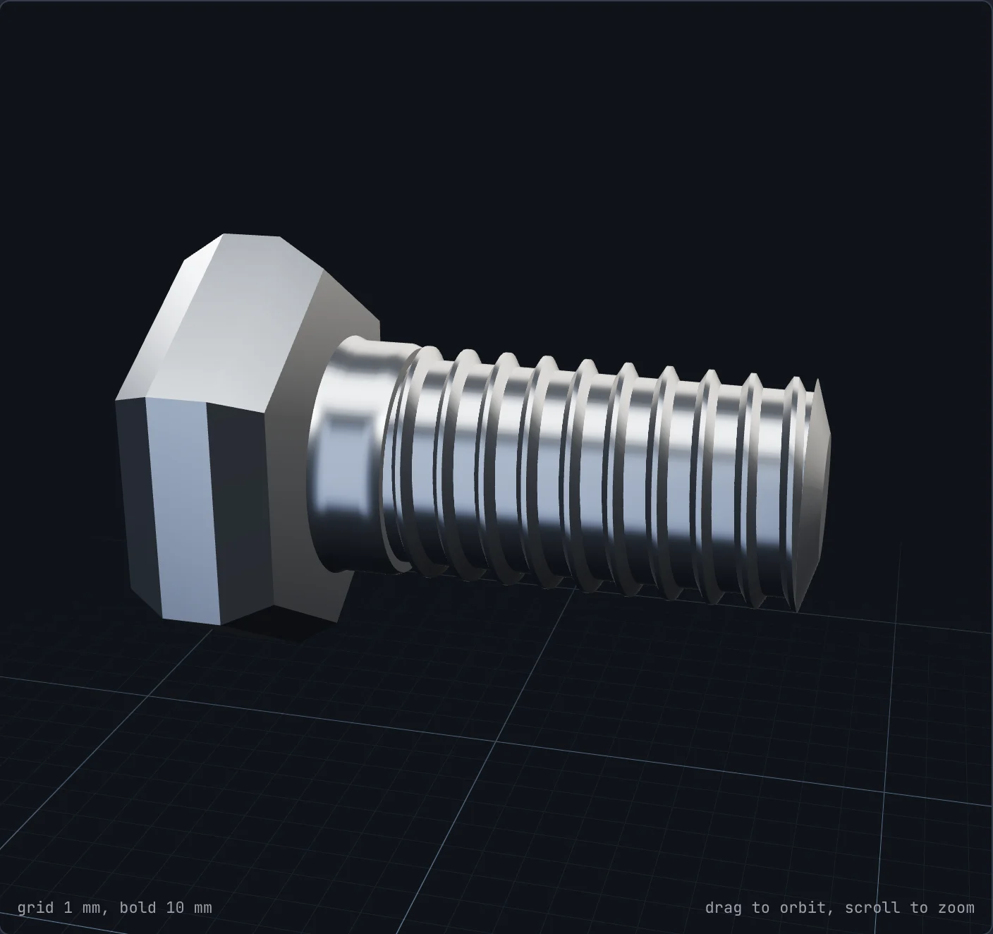 Interactive 3D model of a measured hex bolt with helical threads on a millimetre grid