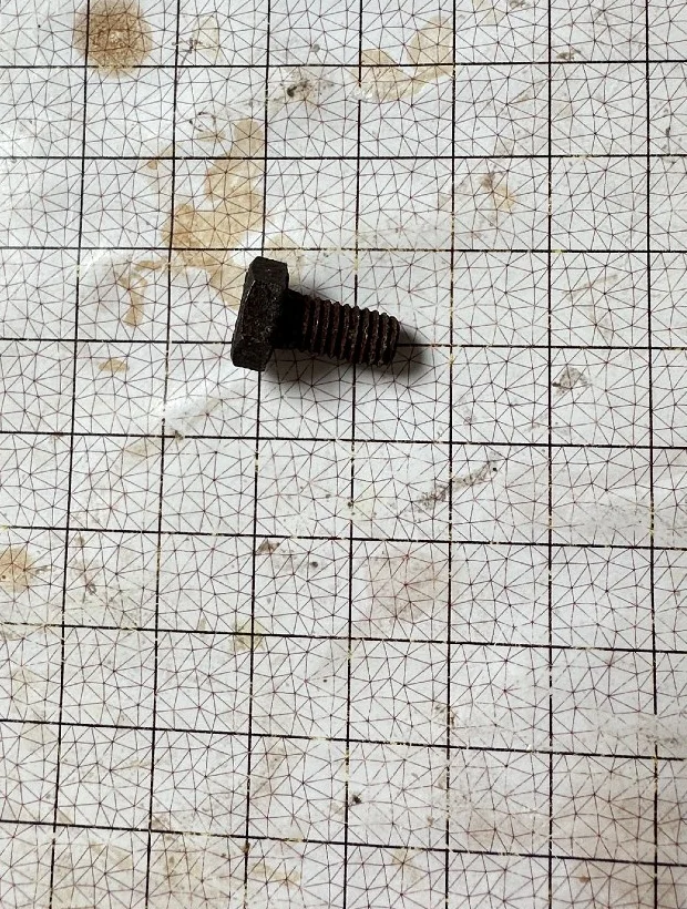 Phone photo of a rusty hex-head bolt lying on an Olypsys calibration grid