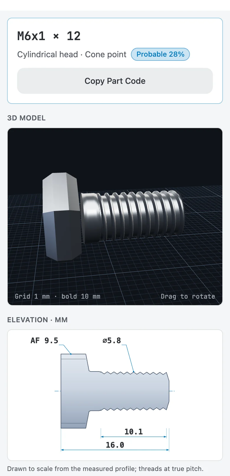 Screw identified as M6x1 × 12 with an interactive 3D model and a dimensioned elevation drawing