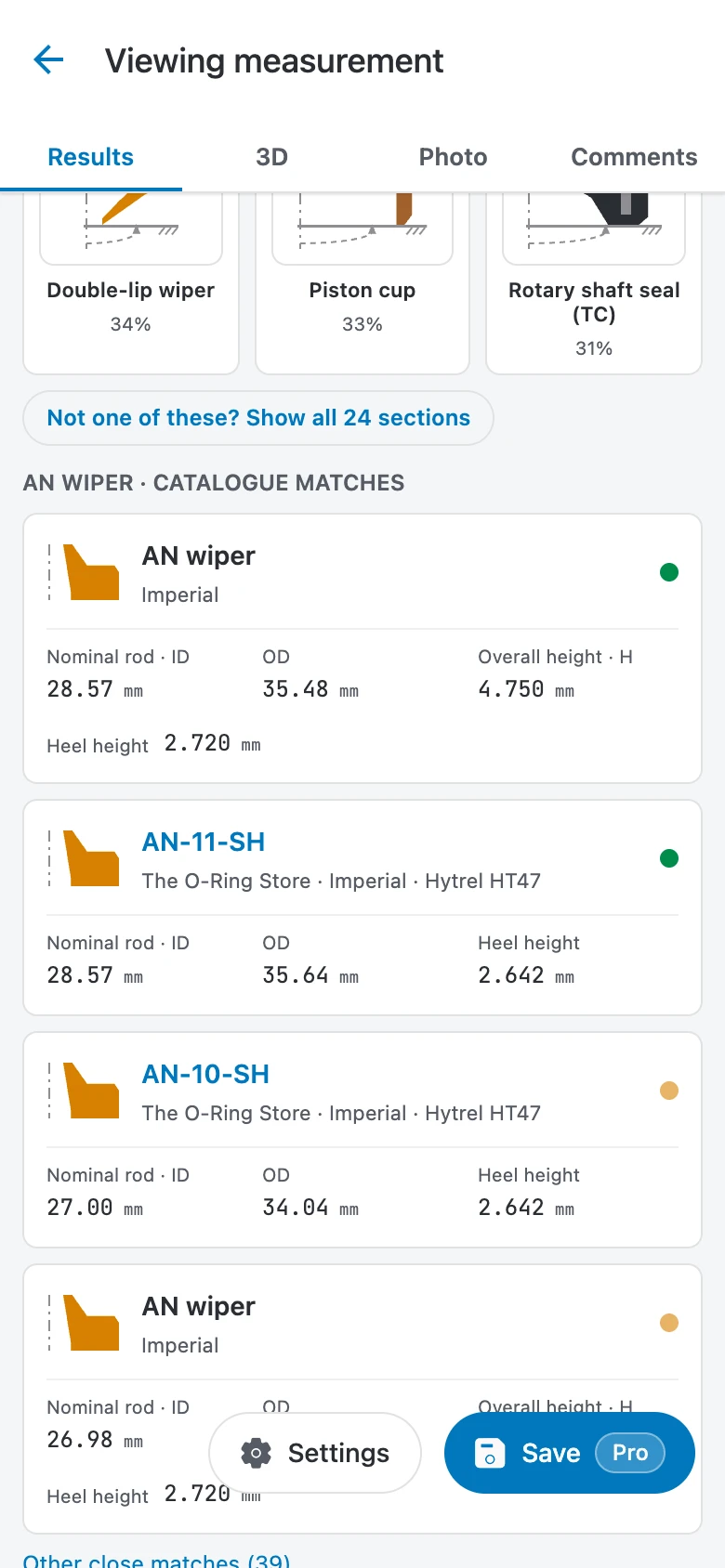 Catalogue match shortlist ranking AN-11-SH (1-1/8 inch nominal rod, 35.64 mm OD, 2.642 mm heel height) first