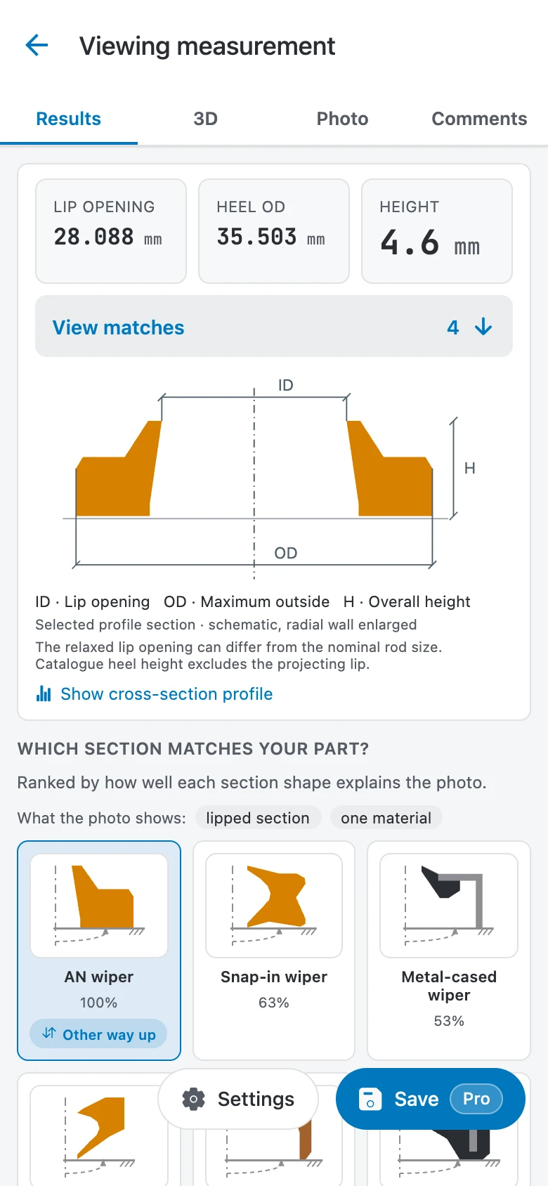 Olypsys app result for AN-11 wiper showing Lip Opening 28.088 mm, Heel OD 35.503 mm, and Overall Height 4.6 mm