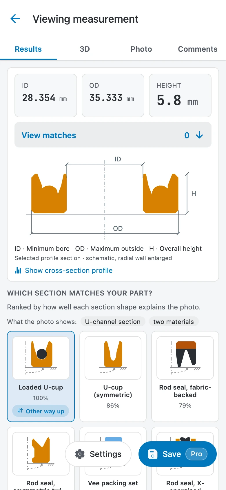 Olypsys app result identifying a Loaded U-cup (ID 28.354 mm, OD 35.333 mm, Height 5.8 mm) with U-channel section and two-material visual observer tags